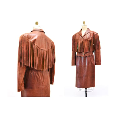 80s 90s Vintage Brown Leather Fringe Jacket Skirt Suit Leather Medium Cowboy Cowgirl Rodeo Leather Jacket Skirt Brown Leather Fringe Jacket 
