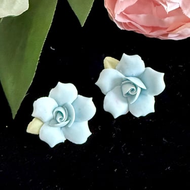 Porcelain Roses Earrings, Very Light Blue, Delicate, Studs, Pierced, Vintage 50s 60s 