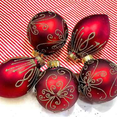 VINTAGE: 5pcs -Blue Glass Ornaments - Hand Decorated Holiday Christmas Ornaments - SKU 