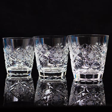 Set Of 3 Vintage Crystal Cut Glass Whiskey Tumblers With Starburst Pattern 