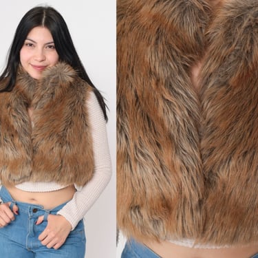 Cropped Faux Fur Vest Brown Sleeveless Jacket Vegan Fake Fur Winter Vest Vintage Bohemian Furry Glam Bohemian Hipster Boho Extra Small xs 