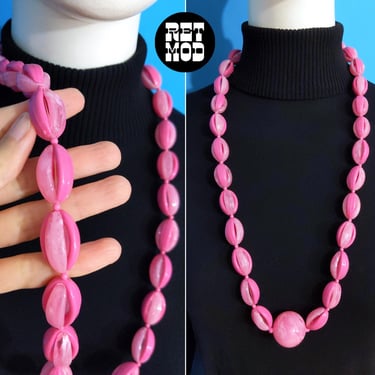 Chunky Mod Vintage 60s 70s Pink Beaded Statement Necklace with Large Ball Bead 