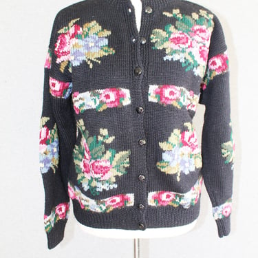 Cottagecore - Black Wool - Roses - Floral Cardigan - by South Wool - Hand Knitted - Marked S 