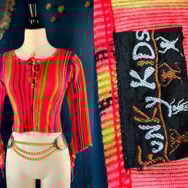 1990s FUNKY KIDS Striped Beaded Cropped Shirt / Vintage 100% Cotton Long Sleeve Blouse / Hippie / Ethnic / Folky / Women's Size Small 