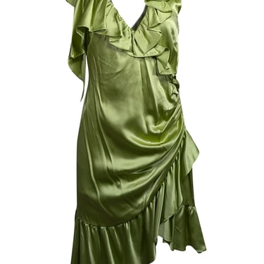 Cinq a Sept - Green Satin Sleeveless Ruffled Dress Sz 6