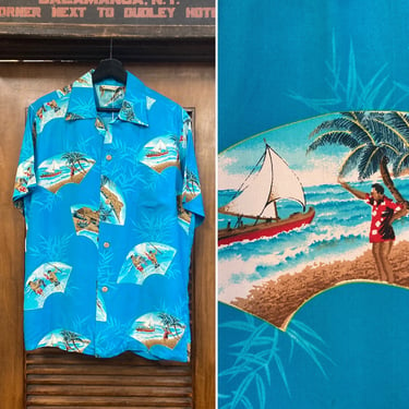 Vintage 1950’s Postcard Print Tropical Scenes Crepe Hawaiian Shirt, 50’s Shirt, 50’s Tropical Shirt, 50’s Beach Shirts, Vintage Clothing 