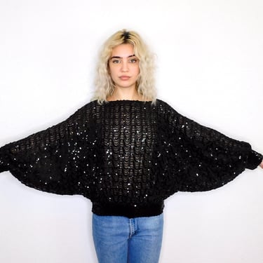 St. Martin Sequin Blouse // vintage boho black dress sequined formal holiday party glam cocktail poet dolman sleeve sleeves 80s 1980s // O/S 