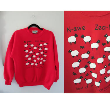 Vintage Sheep Sweatshirt New Zealand Sweater Puff Print Red Pullover - Size Large 