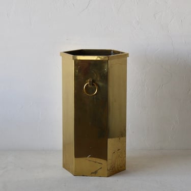 French Style Hexagon Brass Vintage Mid Century Modern Umbrella Stand with Hoop Handles 