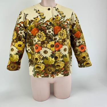 Early 1960'S Cardigan Sweater - Screen Printed Floral on Knit - Made in W. GERMANY - 100% Virgin Wool - 3/4 Sleeves - Size Medium to Large 