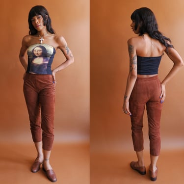 Vintage 80s Chestnut Suede Pants/ 1980s High Waisted Brown Tapered Pants/ Size XS/ Small 