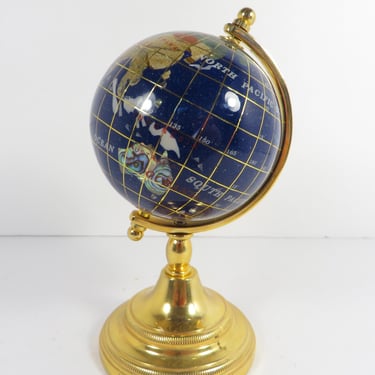 Vintage Blue Lapis Globe with Inlaid Semi-Precious Stones 