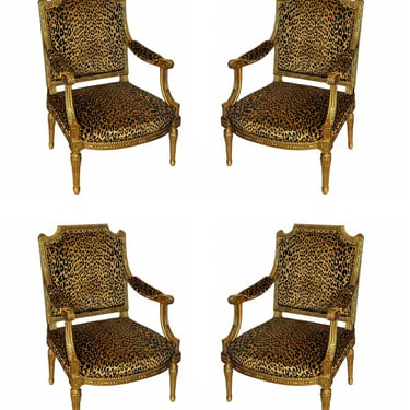 Set of Four French 19th Century Fateuil Armchairs with Cheetah Print