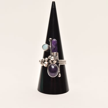 Abstract Sterling Silver Amethyst Opal Statement Ring, Natural Spire Crystal, Gemstone Jewelry, 9US 