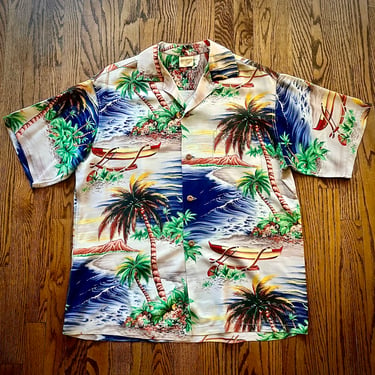 1950s  Crepe Rayon Outrigger Print Hawaiian / Aloha Shirt By Hale Of Hawaii Large 