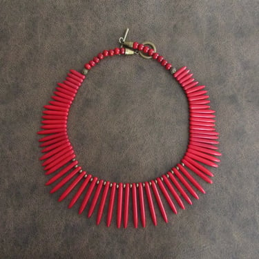 Red bib necklace, statement necklace, bold African necklace, Afrocentric necklace, exotic necklace, tribal ethnic necklace, primitive bronze 