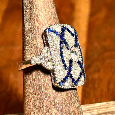 Art Deco Style Rhinestone Ring Blue Enamel Faux Sapphire Vintage Retro Jewelry Gift 