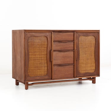 Hickory Manufacturing Mid Century Walnut and Cane Front Credenza - mcm 