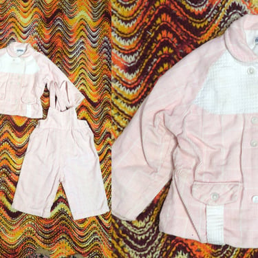 Vintage 50s/60s Baby Pastel Pink Corduroy Windowpane Plaid Buckle Back Winter Set Size 18M 