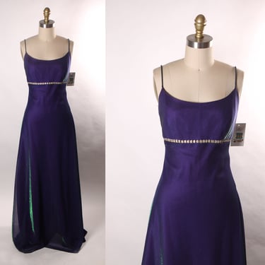 1990s Purple and Green Color Changing Spaghetti Strap Full Length Rhinestone Waist Cut Out Formal Prom Dress by Jump -M 