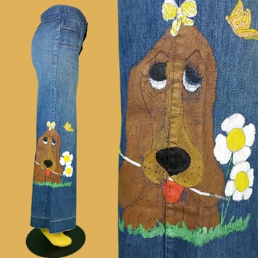 Handpainted 70s puppy jeans. Dog with butterflies & daisies. Distressed vintage. High rise bell bottoms. Flower power hippie. (28 x 33) 