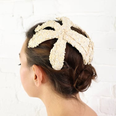 1950s Creme Woven Raffia Fascinator | 50s Beige Woven Straw Juliette Cap 