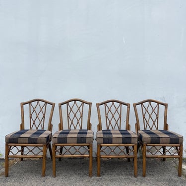 4 Rattan Chairs Bohemian Boho Chic Chinese Chippendale Chair Set Regency Seating Woven Coastal Chinoiserie Bamboo Furniture Wood 