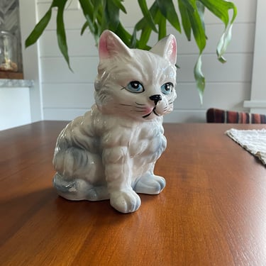 Persian Cat Planter Vase White with Blue eye Himalayan 1950s vintage ceramic kitsch 