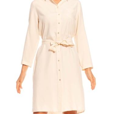 1980S Cream Silk Straight Cut Shirt Dress With Sash Belt 