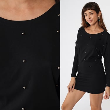 Black Party Dress 80s Beaded Studded Dress Dolman Sleeve lbd BODYCON Going Out Minidress Batwing Vintage Long Sleeve 1980s Small Medium 