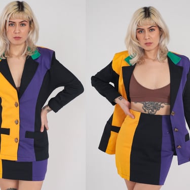 90s Two Piece Set Jacket and Skirt Dress Suit Color Block Blazer Mini Pencil Skirt Striped Outfit Black Purple Yellow Vintage 1990s Small S 