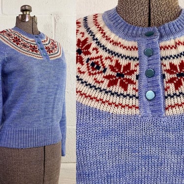 Vintage Sweater Pullover Baby Blue White Red 80s 1980s Long Sleeve Ski Knit Twin Peaks Fair Isle Hygge Medium 