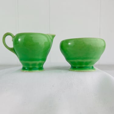 Darling Antique 1930s Art Deco style Apple Green Ceramic cream and open sugar bowl, farm kitchen, country kitchen, mid century modern gift 