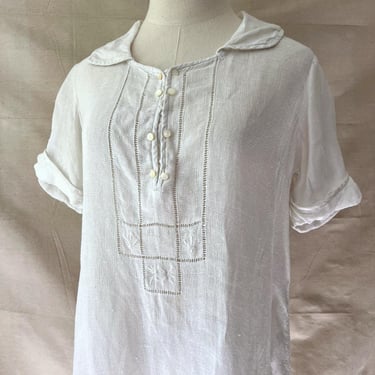 Antique 1920s White Linen Dress Embroidered Eyelet Peter Pan Collar Size S / M 