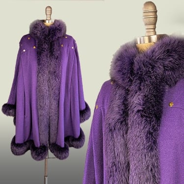 Vintage Cape / Purple Fox Fur Trimmed Cape / 1980s Cape by Revillon Paris / Purple Cape / One Size 