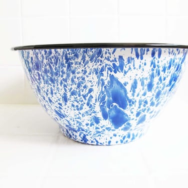 Vintage Blue Splatter Enamel Salad Bowl 10.5