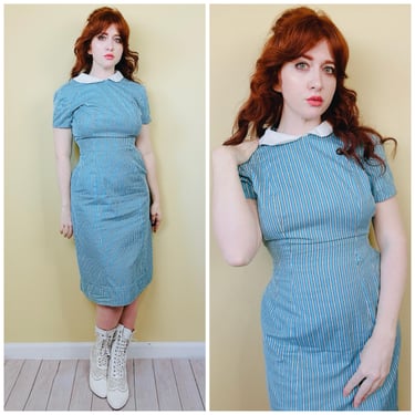 1960s Vintage Blue Striped Wiggle Dress / 60s Cotton Peter Pan Collar Dress  / Size Small 