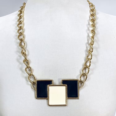 VINTAGE 70s Monet Modernist Necklace Navy Blue & Cream Enamel Gold Chain | 1970s Vintage Big Link Bib Statement Necklace | Vfg 