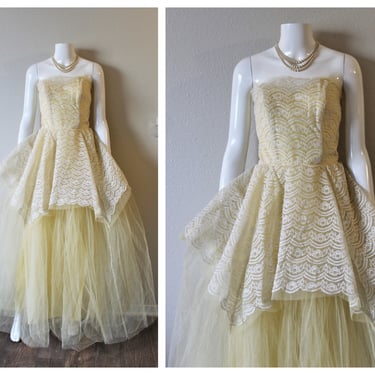 Vintage 50s Prom Dress // 1950s Butter Yellow White Lace Strapless Tulle Ruffled Layered Cupcake Prom Event Dress // US 4 6  s 
