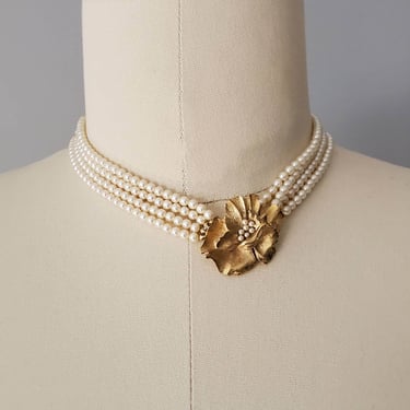 Late 1960's Trifari Faux Pearl Choker with Flower Clasp 60's Accessories 60s Jewelry 