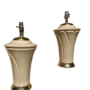 ( set of 2 ) Hollywood Regency Cream Porcelain with Brass Table Lamps