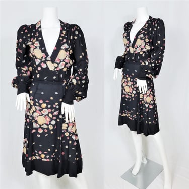 1970's Sea Shell Print Black Rayon Crepe 70's does 40's Dress I Skirt I Shirt I Sz Sm I Suit I Novelty Print I 2 Pc 