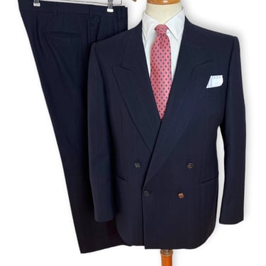Vintage Double-Breasted Wool Flannel 2pc Suit ~ 38 to 40 R ~ Navy / Pinstripe ~ jacket / blazer / sport coat / pants ~ 