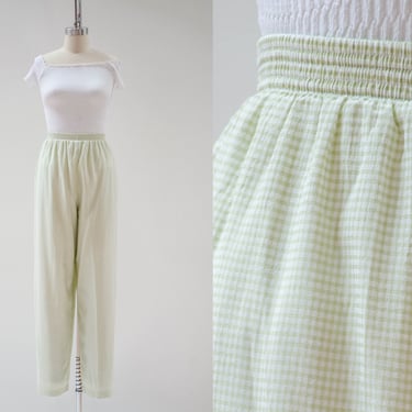 high waisted pants | 80s 90s vintage green white gingham checkered plaid cute cottagecore elastic waist lounge pants 