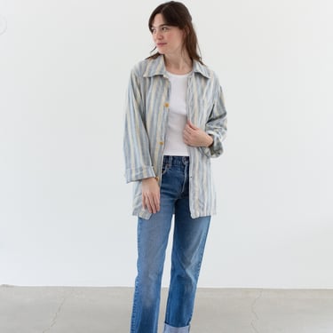 Vintage Blue Cream Striped Flannel Shirt Jacket | British 50s 60s Stripe Cotton Pajama shirt | S | SJ041 