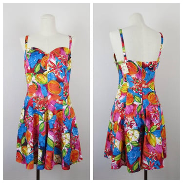 Vintage 1990s deadstock romper, floral, bold print, NWT, jumpsuit, sundress 