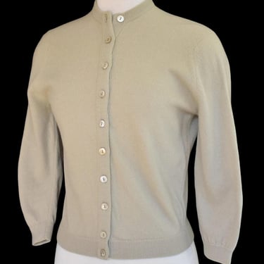 Vintage 50s Khaki Taupe Cashmere Cardigan Sweater by Dalton, Size XS, Extra Small 