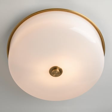 Modern Flush Mount Ceiling Light - 16 Inch Round Opal White Hand Blown Glass Shade - Made In USA 
