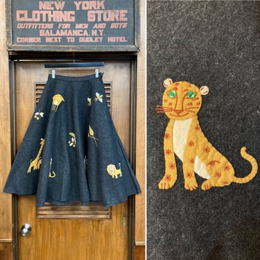 Vintage 1950’s Original Jungle Safari Felt Appliqué Rockabilly Circle Skirt, Leopard, Lion, Giraffe, Animal, 1950’s, Rockabilly, Appliqué, 
