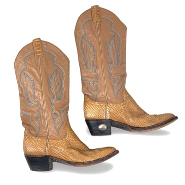LARRY MAHAN vintage snakeskin cowboy boots 8 B, an camel stitched python cowgirl boots shoes Texas Mahans 